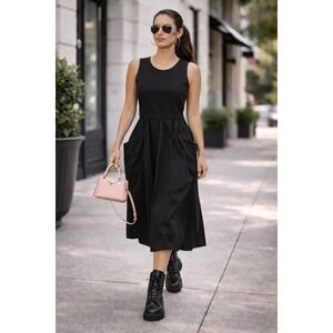SUN LIGHT Women's Dark Black Ruched Midi Dress Size‎ 4 Sleeveless V Neck